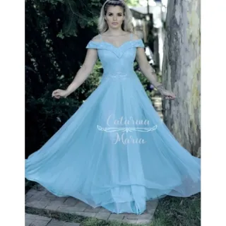 Vestido luxuoso estilo princesa ombro a ombro marsala, vermelho, verde e tifany - Serenity