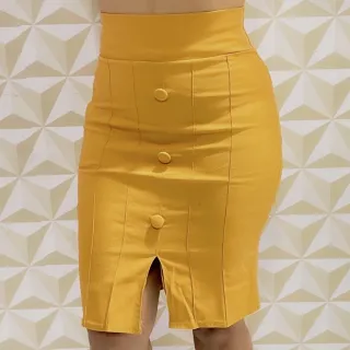 Moda Evangélica: Saia Lápis Midi Cintura Alta Feminina em Bengaline - Verde Militar