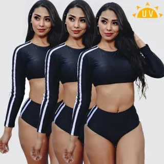 Biquini Preto Manga Longa U.V Top Cropped com Listra - Proteção Solar