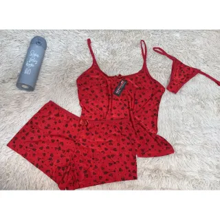 Lingerie Pijama Estampado Liganete: Baby Doll 3 Peças - Short, Blusa E Calcinha - M 36/38