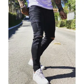 Calça Preta Rasgada Masculina Skinny com Lycra - 36