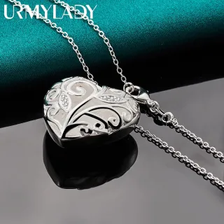 Corrente de colar feminino Prata 925 Pingente de Coração Oco 16-30 Polegadas - Corrente de cobra