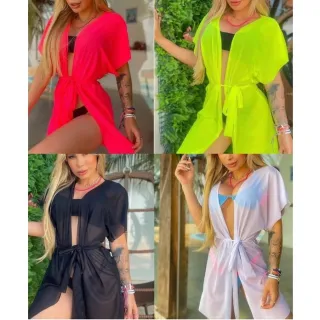 Seca Rápido Kimono Amarrar Praia Curta - Rosa neon