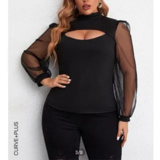 Blusa PlusSize de Malha Canelada com Manga Comprida em Tule - Preto