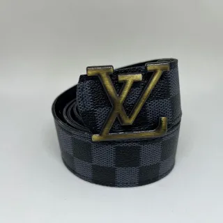 Couro Xadrez Dupla Face Cinto Masculino - Ouro Escovado - Marrom