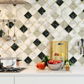 Azulejo Cozinha Papel de Parede Mármore Pedra Preta e Branca Linhas Douradas Lavável 3m - Único