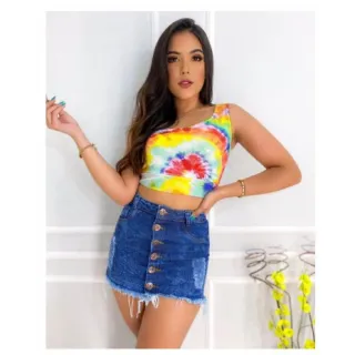 Moda 2022: Saia Feminina Jeans Luxo Cintura Alta Azul-Preta - PRETA BOTÕES