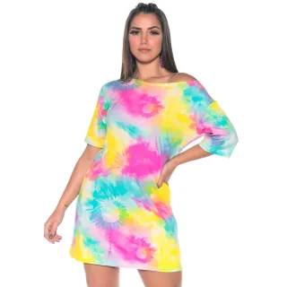 Moda Feminina: Vestido Tie Dye Camisetão Estilo Tendência - Azul e Rosa
