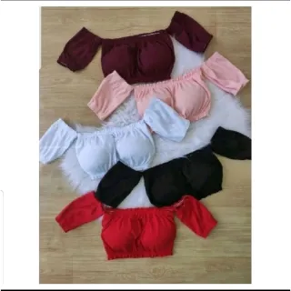 Cropped Canelado com Bojo: Kit 2 peças, Manga Princesinha e Top Bufante - Ref443 - Kit 2 peças preto