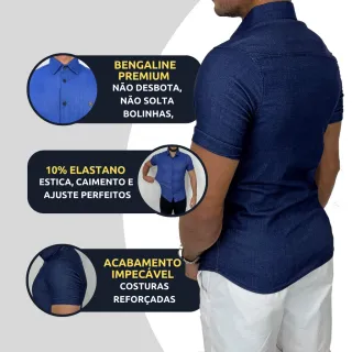 Camisas sociais masculinas slim manga curta em jeans - Kit com duas unidades - 1 Jeans Claro+ 1 Preto Azulado