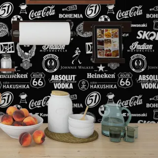 Decoração Gourmet: Papel de Parede Preto e Branco com Tema de Marcas de Cervejas - Único