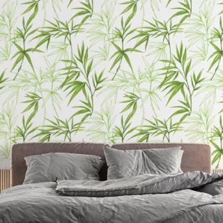 Rolo Vinílico Adesivo Folhagem de Bambu Verde Branco - Para Sala, Quarto e Escritório - Único