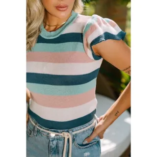 Promoção Blusa Chique Feminina Listrada - Verão Moda Babado - Verde água e azul claro