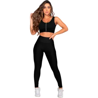 Top com Zíper e Bojo Removível + Conjunto Calça Legging Cintura Alta para Academia - Azul Marinho