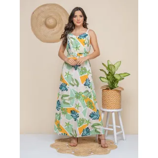 Lançamento primavera verão 2020-27: Vestido longo feminino estampado com bojo - 2020-09 Azul