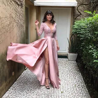 Vestido Elegante Vintage Vermelho em Cetim Longo para Festa/Casamento/Noite - Azul Escuro