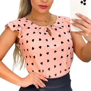 Coração Estampa Social Feminina Blusinha Crepe - Branco