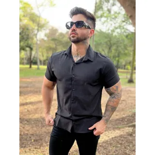 Manga Curta Camisa Social Lisa Masculina - Preto