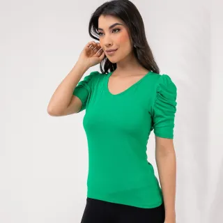 Blusa curta feminina gola V manga princesa bufante 301# - Cinza