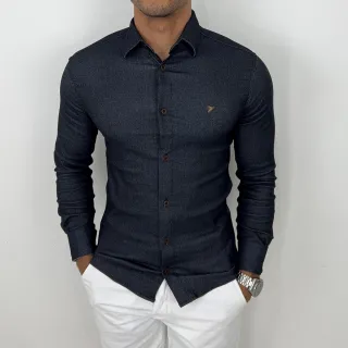 Camisa lisa social masculina manga longa slim em jeans elastano - Escuro