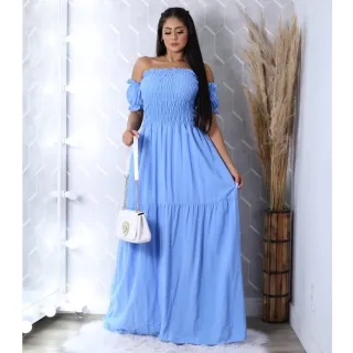 Moda Evangélica Vestido Longo Ombro a Ombro Viscolinho Ciganinha Veste 36 ao 46 Com Forro - Vermelho