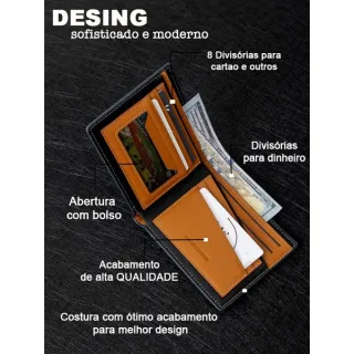 Detalhe em Metal Carteira Masculina Couro PU Trabalhada - Marrom