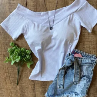 Moda Blogueira Blusa Feminina Ombro a Ombro Canelada com Bojo - Azul Marinho