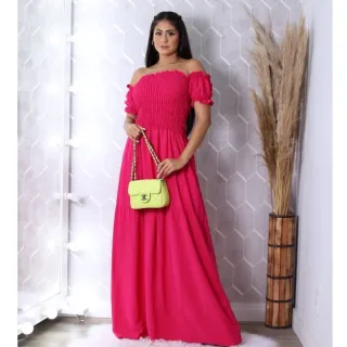 Moda Evangélica Vestido Longo Ombro a Ombro Viscolinho Ciganinha Veste 36 ao 46 Com Forro - Vermelho