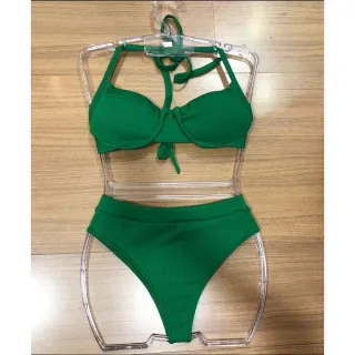 Moda Praia Verão Biquini Canelado Meia Com Bojo Cintura Alta - Verde água