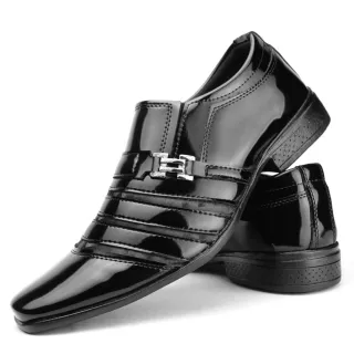Confortável Envernizado Sapato Social Masculino Preto Branco Dourado - 1004Pto/Bco