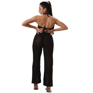 Calça Feminina Saída de Praia Flare com Ajuste em Cordão - Tricô - Preta
