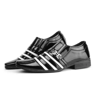 Confortável Envernizado Sapato Social Masculino Preto Branco Dourado - 1004Pto/Bco