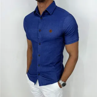 Camisa Masculina Slim Social Jeans Manga Curta com Bengaline Elastano - Preto Grafite