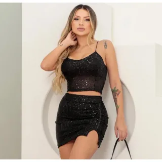 Alcinha paetê conjunto feminino saia cropped - Dourado