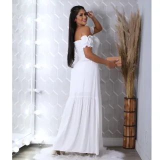 Moda Evangélica Vestido Longo Ombro a Ombro Viscolinho Ciganinha Veste 36 ao 46 Com Forro - Vermelho