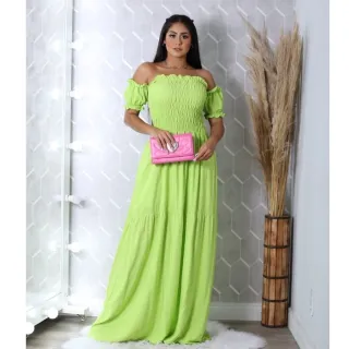 Moda Evangélica Vestido Longo Ombro a Ombro Viscolinho Ciganinha Veste 36 ao 46 Com Forro - Vermelho