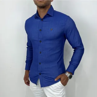 Camisa lisa social masculina manga longa slim em jeans elastano - Escuro