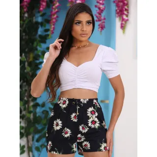Estampa girassol em shorts de crepe com elastano - 3.preta/flor
