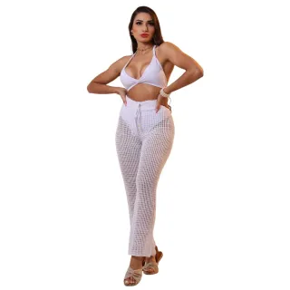 Calça Feminina Saída de Praia Flare com Ajuste em Cordão - Tricô - Preta