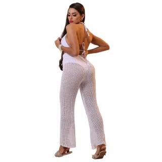 Calça Feminina Saída de Praia Flare com Ajuste em Cordão - Tricô - Preta