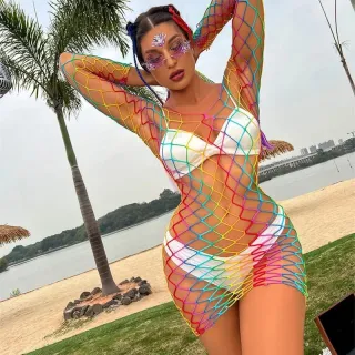 Saída de Praia Sexy Listrado Arco Íris Multicolorido Vestido Curto - Modelo 1