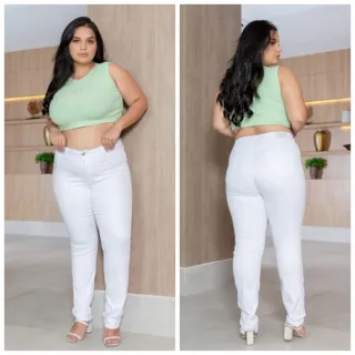 Calça Skinny Feminina Branca de Cintura Alta em Jeans com Elastano - 54