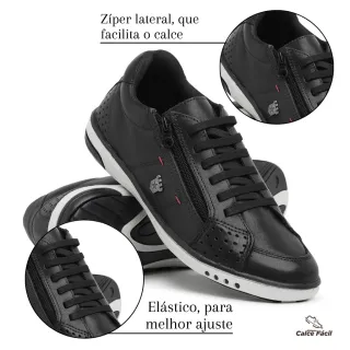Conforto Casual Anti Stress Sapatenis Masculino de Couro Vegano Ortopédico - Preto