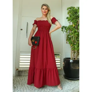 Vestido Longo de Poliéster Ombro a Ombro - Goiaba