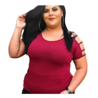 Blusinha Plus Size Manga Curta Tira Vazada Viscolycra Pérola Metalizada GG 44/48 - Rosa