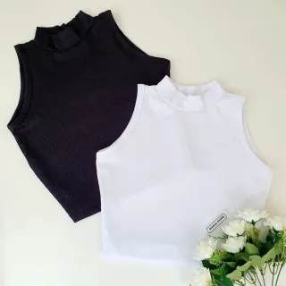 Verão Praia Cropped Gola Alta Canelado Sem Manga - Kit 3 - Preto-preto-preto