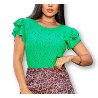 Blusa feminina laise manga dois babados gola rasa macia - G