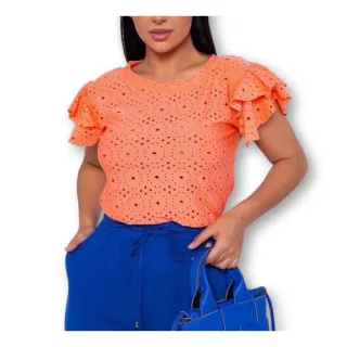 Blusa feminina laise manga dois babados gola rasa macia - G