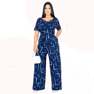 Riscas Flare Executivo Macacão Manga Curta Longo Feminino - Preto