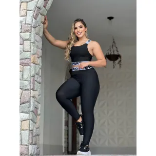 Roupa Fitness Conjunto Calça Legging e Top Dry Fit Feminino - Preto
